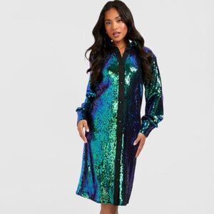 Boohoo Iridescent Sequin Long Sleeve Dress